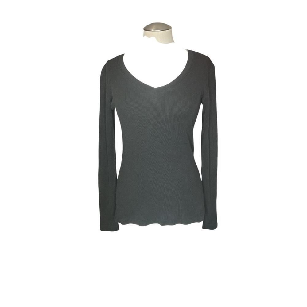 Rebecca Beeson Ribbed V Neck Long Sleeve Top Made USA Size L